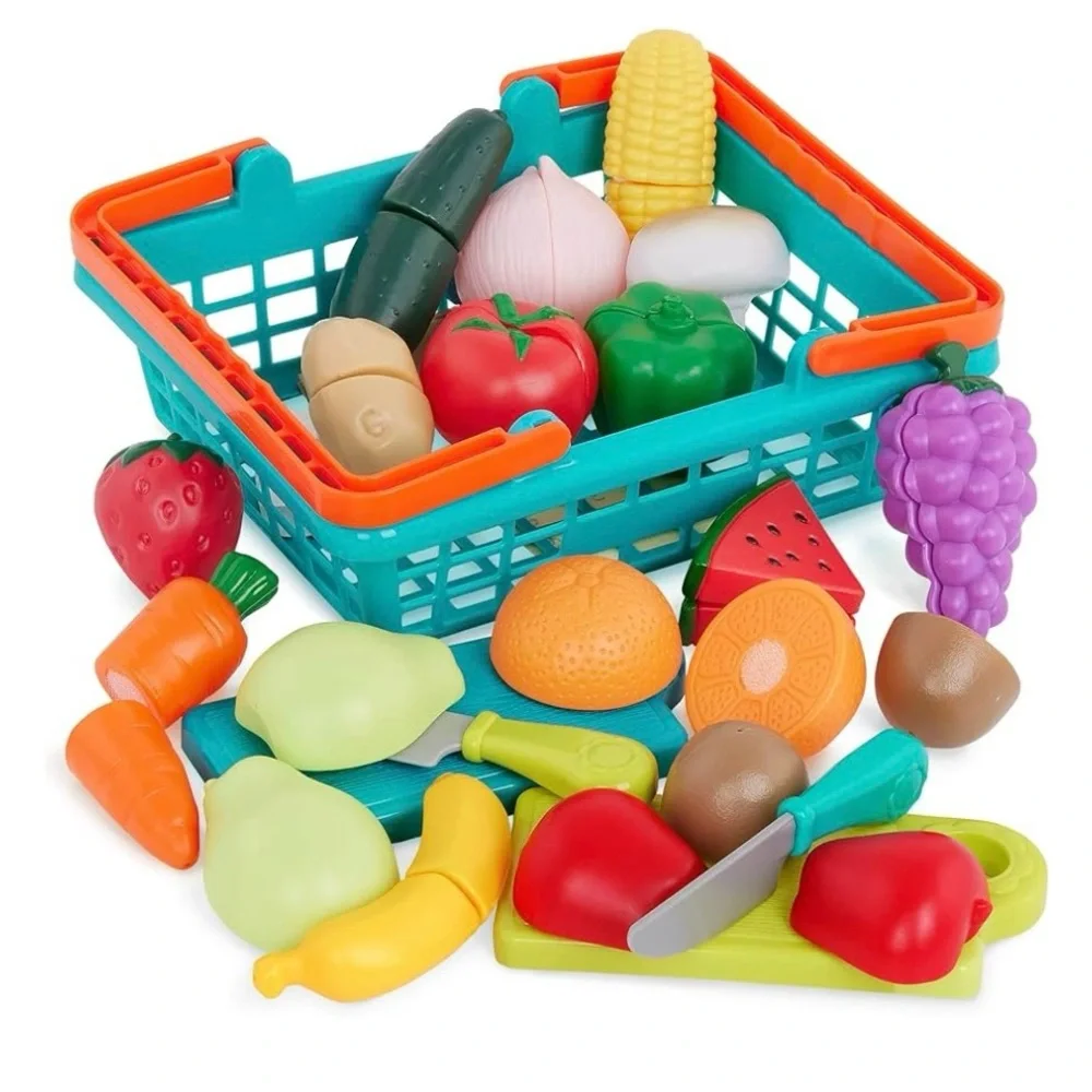 37-Piece Toddler Play Food Set Teal Orange Basket Fruits Veggies